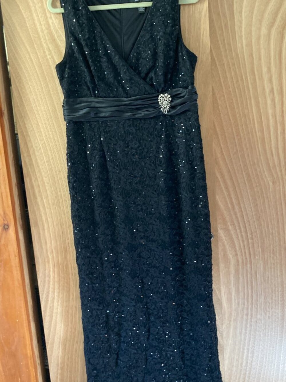 Black Gown in Lace and Sequins with Rhinestone Brooch